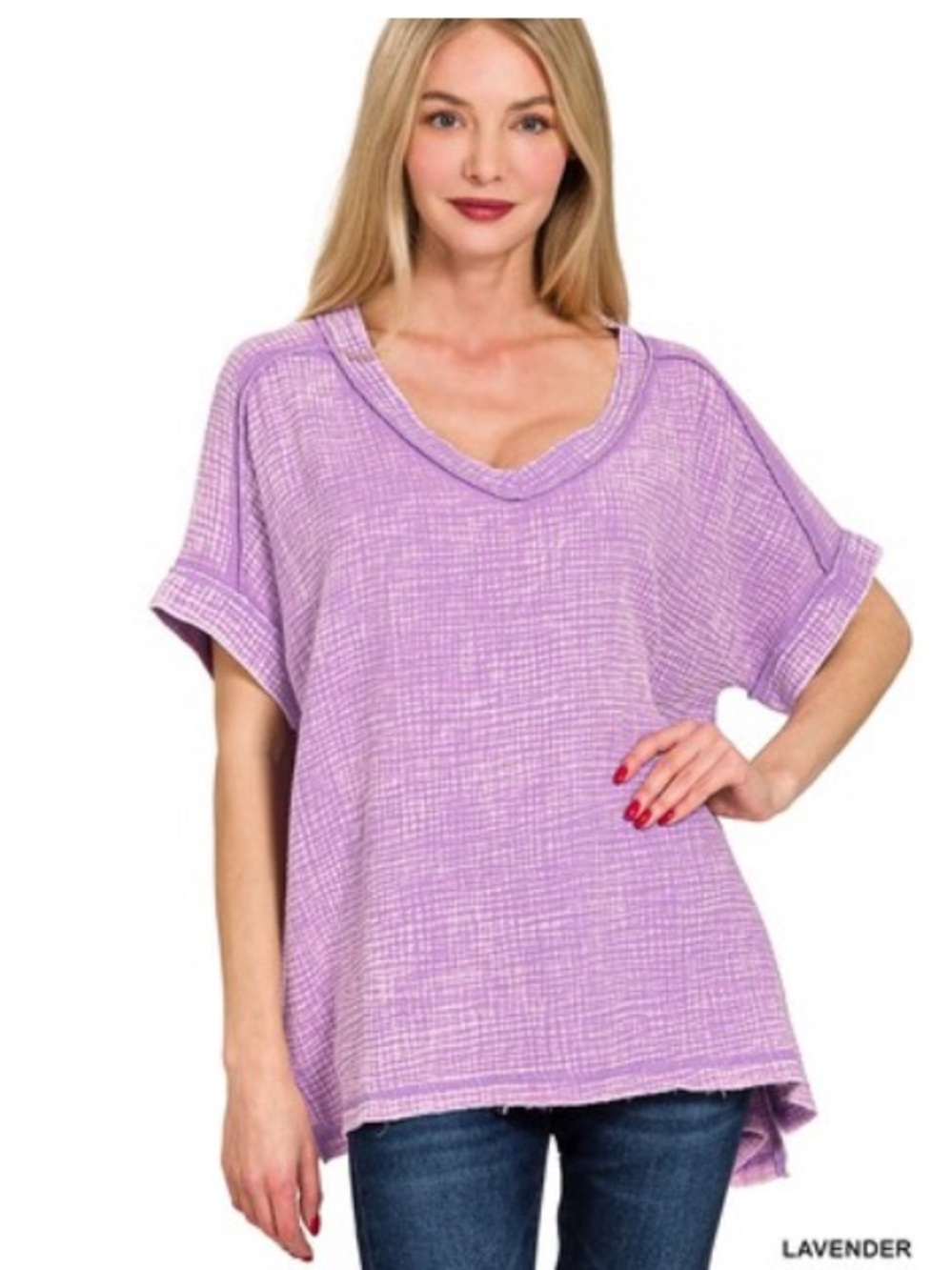 Zenana Lavendar acid wash V neck Short Sleeve Top